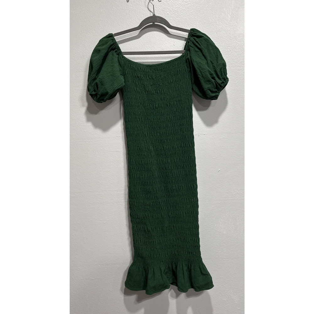 Never Fully Dressed Green Smocked Midi Dress Puff Sleeve Bodycon Ruffle Hem Sz 4